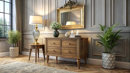 Fototapeta premium Elegant vintage wooden double-drawer nightstand blends with modern decor in a bright living room, adorned with ornaments and a wall mirror.