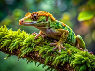Fototapeta premium Vibrant green crested gecko perched on mossy branch, showcasing vibrant coloration, delicate ridges, and intricate patterns on its tiny body.