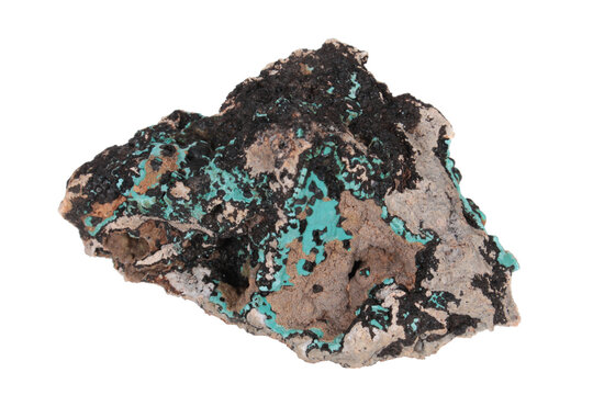 Crust of turquoise aurichalcite on rock with secondary copper minerals of various colors from Verkhnii Mine, Dalnegorsk, Russia. Collection mineral isolated on white background