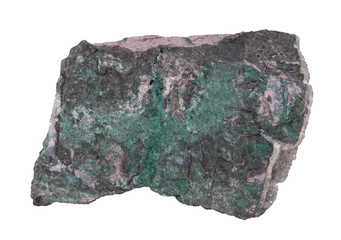 Crusts of green chromeceladonite and purple rhodochrome on massive chromite from Saranovskii Mine, Perm Krai, Russia. Collection mineral isolated on white background
