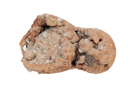 Cluster of siderite balls with calcite, from Nikolaevskiy Mine, Dalnegorsk, Russia. Collection mineral isolated on white background