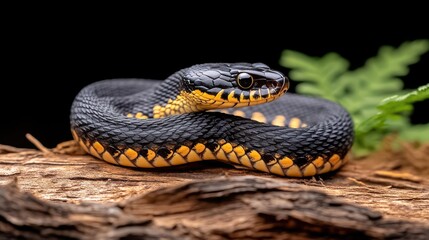 Fototapeta premium A black and yellow rattlesnake slithers through the dense forest, ready to strike, showcasing its vivid colors against the rich earth and greenery