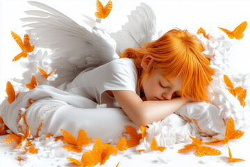 A young angel is sleeping on a bed with butterflies and wings surrounding her. Concept of innocence and wonder, as the girl is surrounded by the beauty of nature