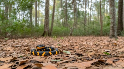 Obraz premium A black and yellow rattlesnake slithers through the dense forest, ready to strike, showcasing its vivid colors against the rich earth and greenery
