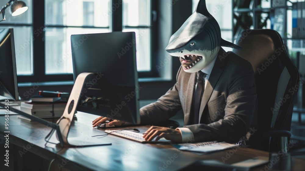 Poster a man in a suit is sitting at a desk with a shark mask on his head