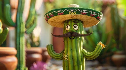 A Mexican cactus character wearing a traditional sombrero and mustache