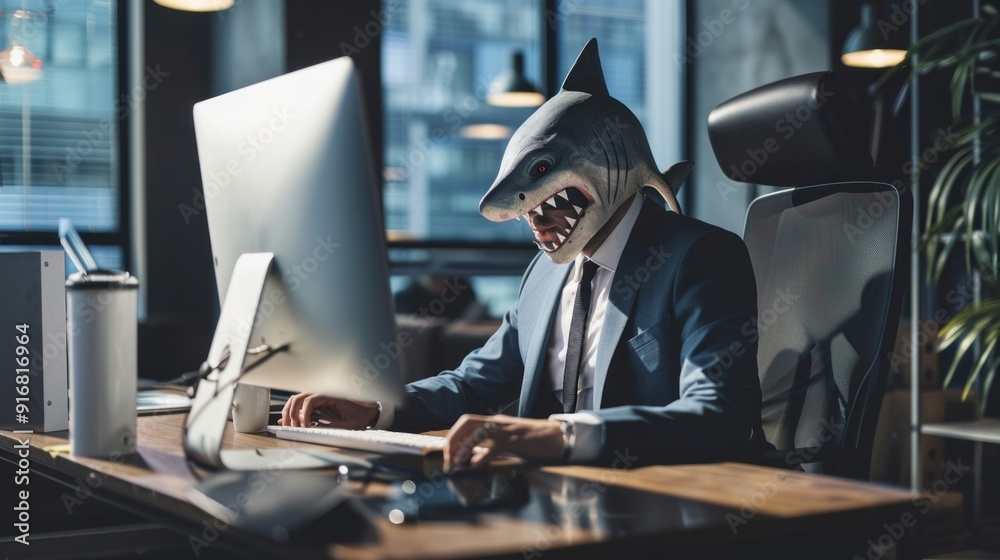 Poster a man in a shark costume is sitting at a desk in front of a computer