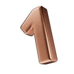 Volumetric copper number one, isolated on a transparent background. 3D digit 1 in pink gold with a matte texture. Photorealistic render.