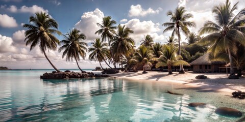 Tropical beach with clear water and palm trees under blue sky