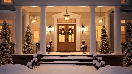 Christmas porch decoration idea. House entrance decorated for holidays. Neural network ai generated art