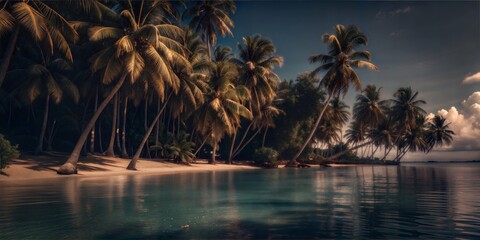Tropical beach at dusk with palm trees and calm water