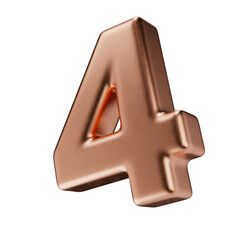 Volumetric copper number 4, isolated on a transparent background. 3D digit four in pink gold with a matte texture. Photorealistic render.