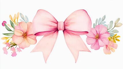 A beautiful pink bow surrounded by delicate flowers, perfect for invitations, cards, or decorative designs.