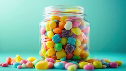 A vibrant jar filled with colorful candies, surrounded by scattered sweets, perfect for showcasing joy and indulgence.