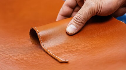 Close-up of hand holding a piece of textured brown leather fabric, showcasing its grain and quality.