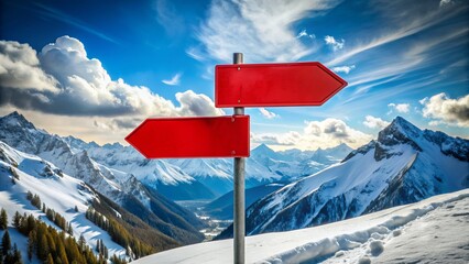 Vibrant red directional signs pointing opposite ways amidst serene snow-capped mountains, symbolizing uncertainty or contradictory decisions in a breathtaking landscape.