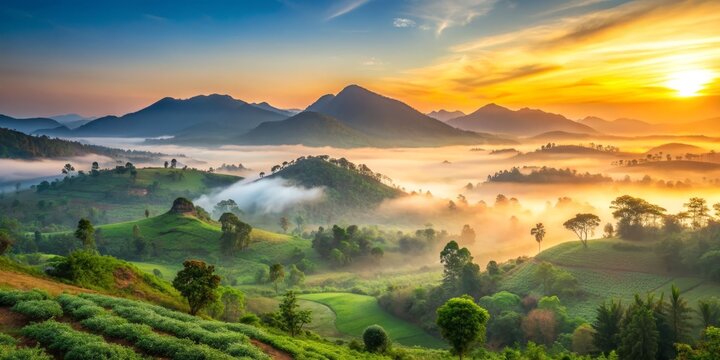 Misty sunrise over Sirumalai hills, lush green forests, and rolling hills in Dindigul, Tamil Nadu, South India, serene landscape.