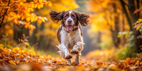 Fluffy English Springer Spaniel runs freely through vibrant autumn forest, wearing muzzle, capturing joyful essence of outdoor adventure and nature.
