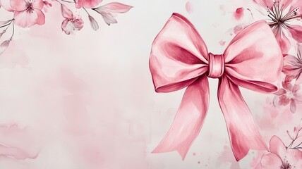 Delicate pink bow on a soft watercolor floral background, perfect for invitations and celebrations.