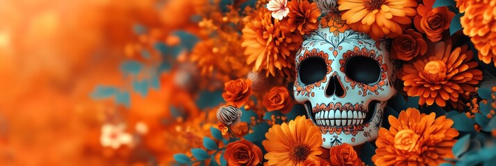 Day of the Dead, el Dia de los Muertos Celebration, Sugar Skull and Flowers Background, with copy space, AI Generated