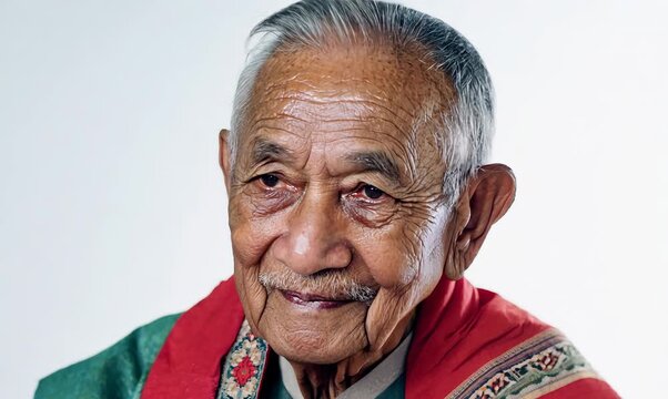 Group portrait video of a Peruvian man in his 80s against a white background