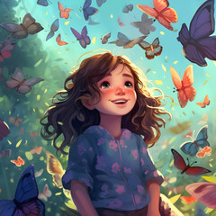BEAUTIFUL LITTLE GIRL AMONG BUTTERFLIES CARTOONS