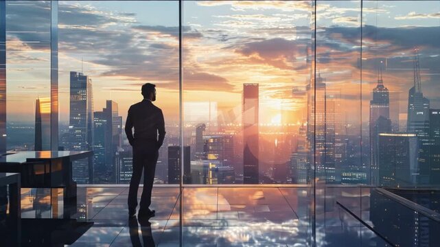A professional man stands in the center of an office with floor-to-ceiling windows overlooking the city at sunset. He wears a business suit and looks out over the buildings.