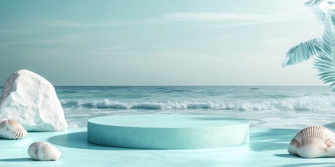 Minimalist Beach Scene with a Turquoise Platform for Product Display, Peaceful Ocean Waves and Tropical Palm Leaves.