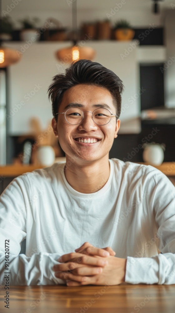 Poster A man with glasses is smiling and sitting at a table