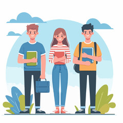 Fototapeta premium university students campus community vector illustration. Young male and female characters with books. High school graduates, smart teenagers