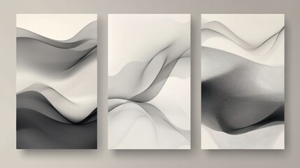 Abstract Wave Design: A Series of Three Modern Art Prints with Grey and White Flowing Patterns.