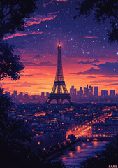 Paris France poster with text "PARIS" in trajan pro font, France architecture, cityscape, in the style of graphic design-inspired illustrations, flatness of space, firecore, nighlight atmosphere,