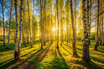 Obraz premium Warm golden light illuminates vibrant green birch leaves and rustic trunks, casting long shadows in a serene spring forest landscape.