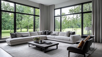 Stylish living room with oversized windows, chic drapery, contemporary furniture, muted color scheme, cozy and bright, soft lighting, open space, copy space for text,