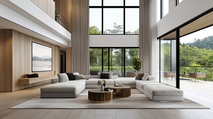 Naklejka premium Elegant living room with full-height windows, luxurious curtains, modern furniture, warm wood tones, bright and airy ambiance, spacious design, copy space for text,