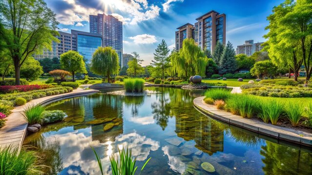 Eco-friendly pond amidst lush greenery in a city park, exemplifying harmonious integration of nature and sustainable urban design principles.
