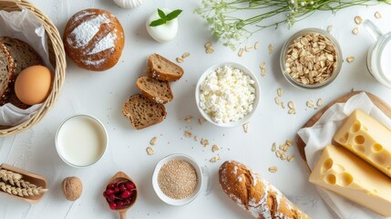 Assorted dairy items on white surface, Jewish Shavuot breakfast.