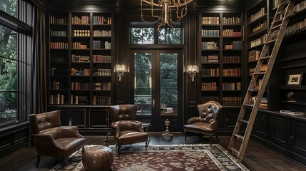 a sophisticated home library with dark wood shelves, leather chairs, and a rolling ladder 