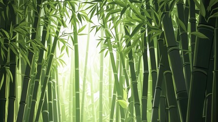 Fototapeta premium A serene bamboo grove with lush greenery and soft light creating a tranquil atmosphere.