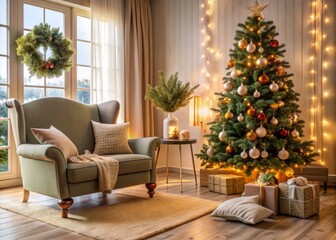 Calm and cozy interior living room with festive decorated Christmas tree, comfy armchair, and plush pillows in warm atmosphere.