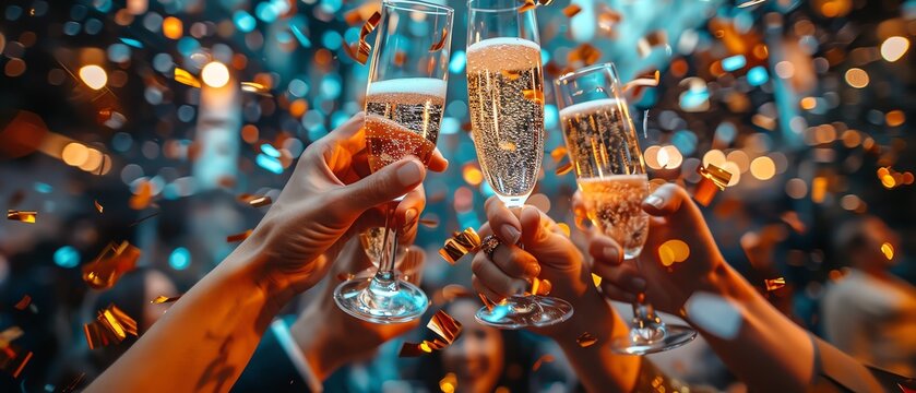 Champagne glasses clinking with confetti falling, closeup, festive and sparkling