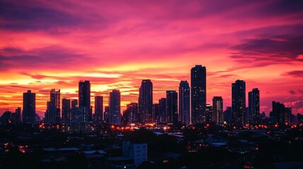 Obraz premium A stunning view of tall skyscrapers silhouetted against a vibrant orange and pink sunset sky, capturing