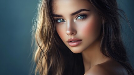 Fototapeta premium A stunning woman with long hair and elegant makeup, looking directly at the camera with a serene expression and soft lighting.