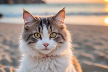 Adorable Cat on Beach at Sunset.