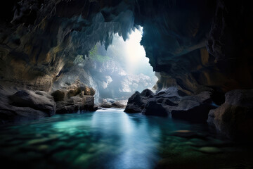 Scenic view of the rocky cave in a fog.