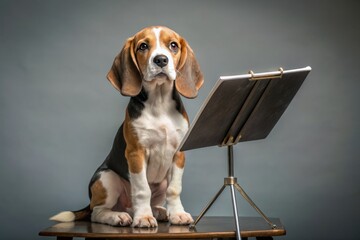 Adorable beagle puppy stands proudly beside a music stand holding a sheet of music on a soft grey background.