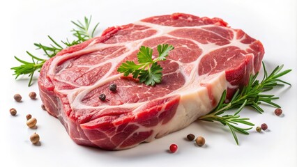 Fototapeta premium Freshly cut raw pork neck steak with marbleized fat, laid on a white background, ready for cooking or grilling.