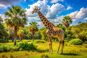Obraz premium Majestic giraffe roams freely in a sun-drenched savannah setting surrounded by lush green trees and tropical foliage in Florida.