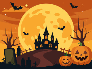 Old haunted castle on a hill silhouette in front of the big moon and orange sky with bats. Halloween holiday concept vector illustration.