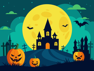 Old haunted castle on a hill silhouette in front of the big moon and green sky with bats. Halloween holiday concept vector illustration.